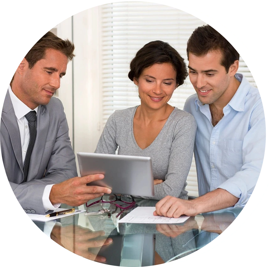 Insurance Agent holding tablet to the client